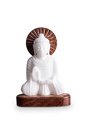 Deko Figur Buddha aus Alabaster und Holz weiß braun, 16 cm oder 21 cm, asiatische Holzfigur, Größe:16 cm1